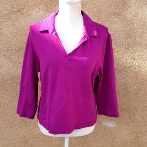 Vintage 90's Mossimo stretch Fuchsia pink polo colared 3/4 quarter Sleeves bl…